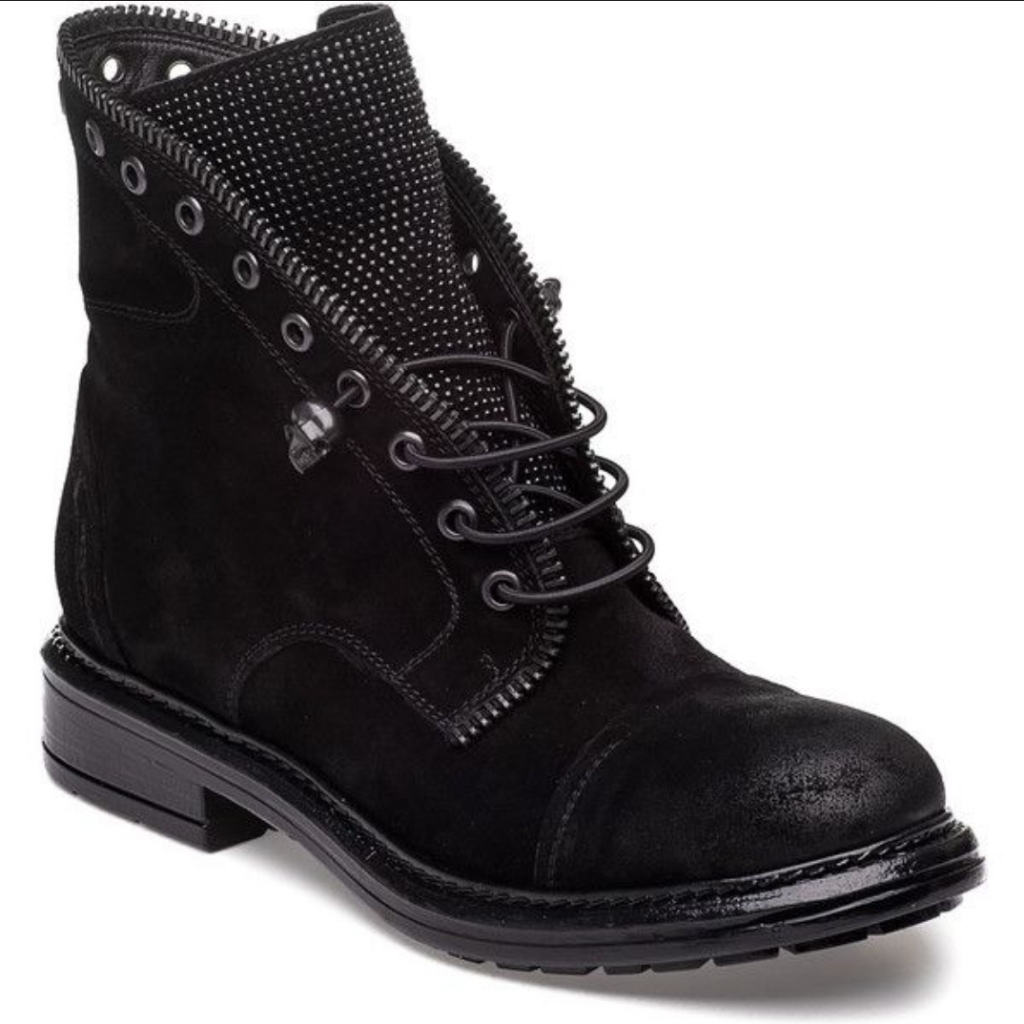 275 Central Skull Lace Studded Crystal Combat Ankle Boot Black Suede Women 37